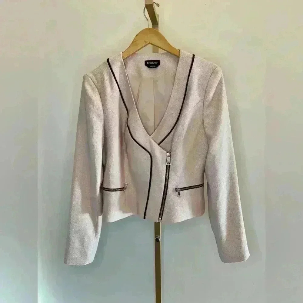 Bebe Women's Pink Blazer Jacket Asymmetrical Zip Casual Style Size 10